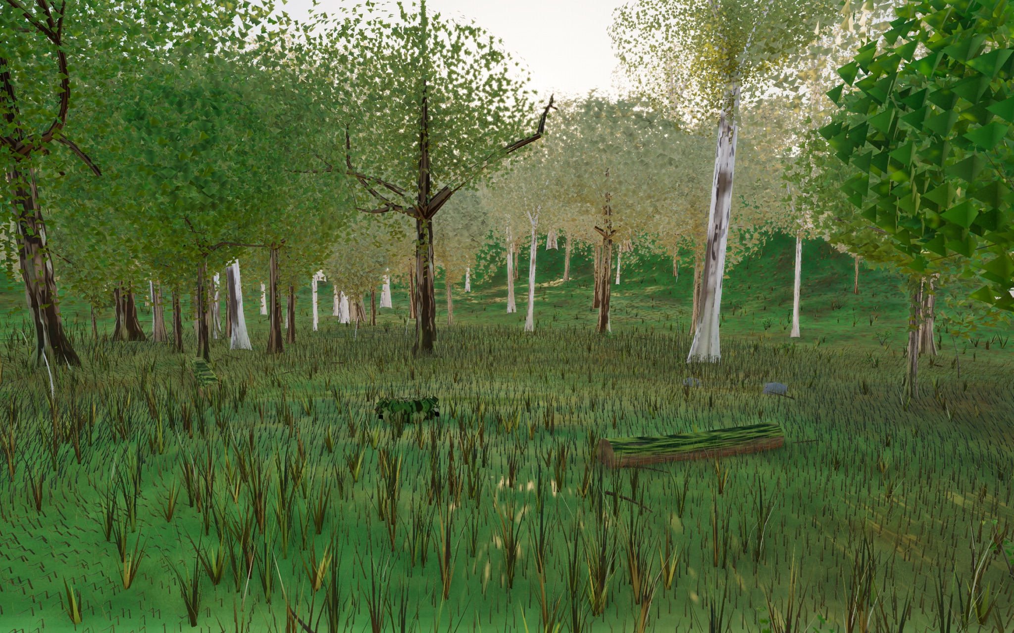 Visualizer · forest-low — r3 tex: birch white base+fat dark lenticels, oak/maple low-freq high-contrast plates, log coarse moss+barkbreak+endgrain rings, per-pixel floor litter, foliage bleach trim