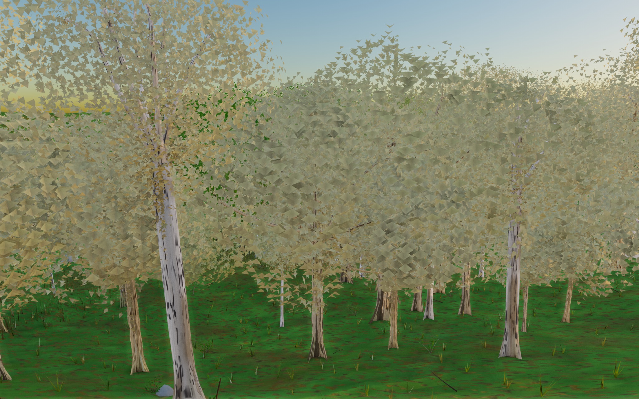 Visualizer · forest-side — round3: tier-promote camera-near trees (kill triangle lattice); oak Worley plate cells; log end-grain rings+rim+higher moss contrast; birch paper de-bloom; +0.43 stop tq fill; log-base grass cull + duff band