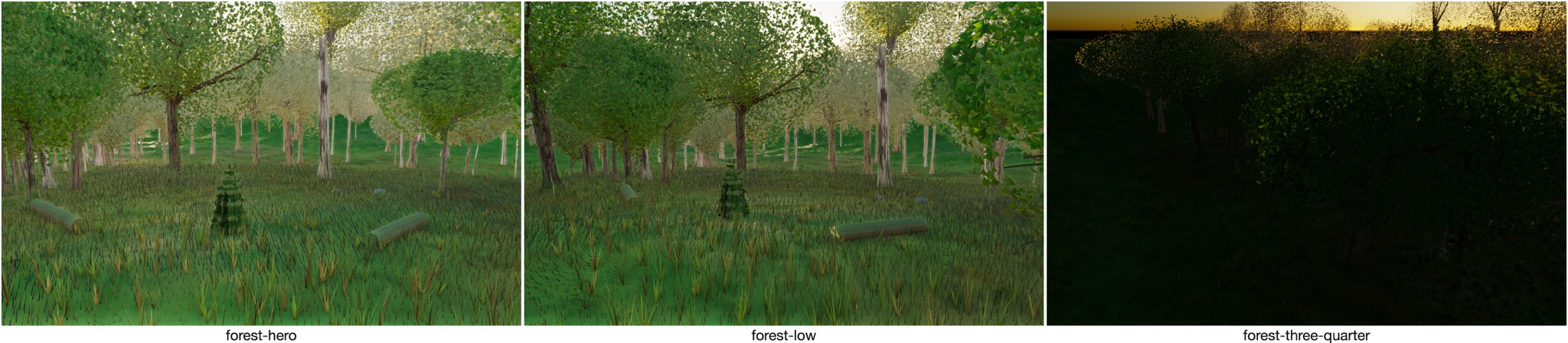 Visualizer · forest — junction-clothing rosette rings gated to near tier — true conifer-spire root cause
