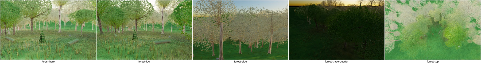 Visualizer · forest — crown-pass: fern/sapling/shrub centre-exclusion (spire), EV -1.80 + skyFill 1.90 (backlit), far-floor green from 14m (tan seam)