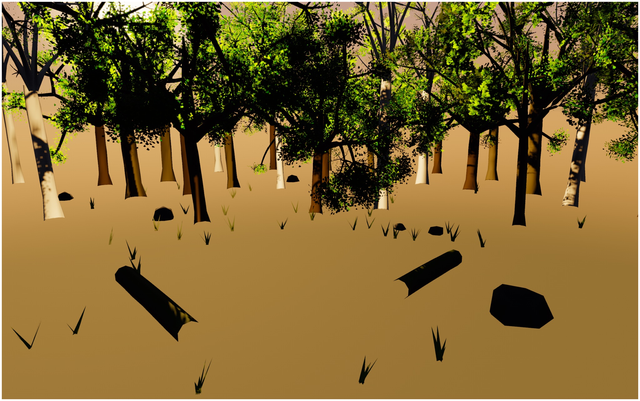 Visualizer · forest — pass6: floor fallen-leaf scatter+dapple, trunk flare reduced, leafTransmission 3.4