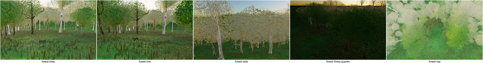 Visualizer · forest — r3 tex: birch white base+fat dark lenticels, oak/maple low-freq high-contrast plates, log coarse moss+barkbreak+endgrain rings, per-pixel floor litter, foliage bleach trim