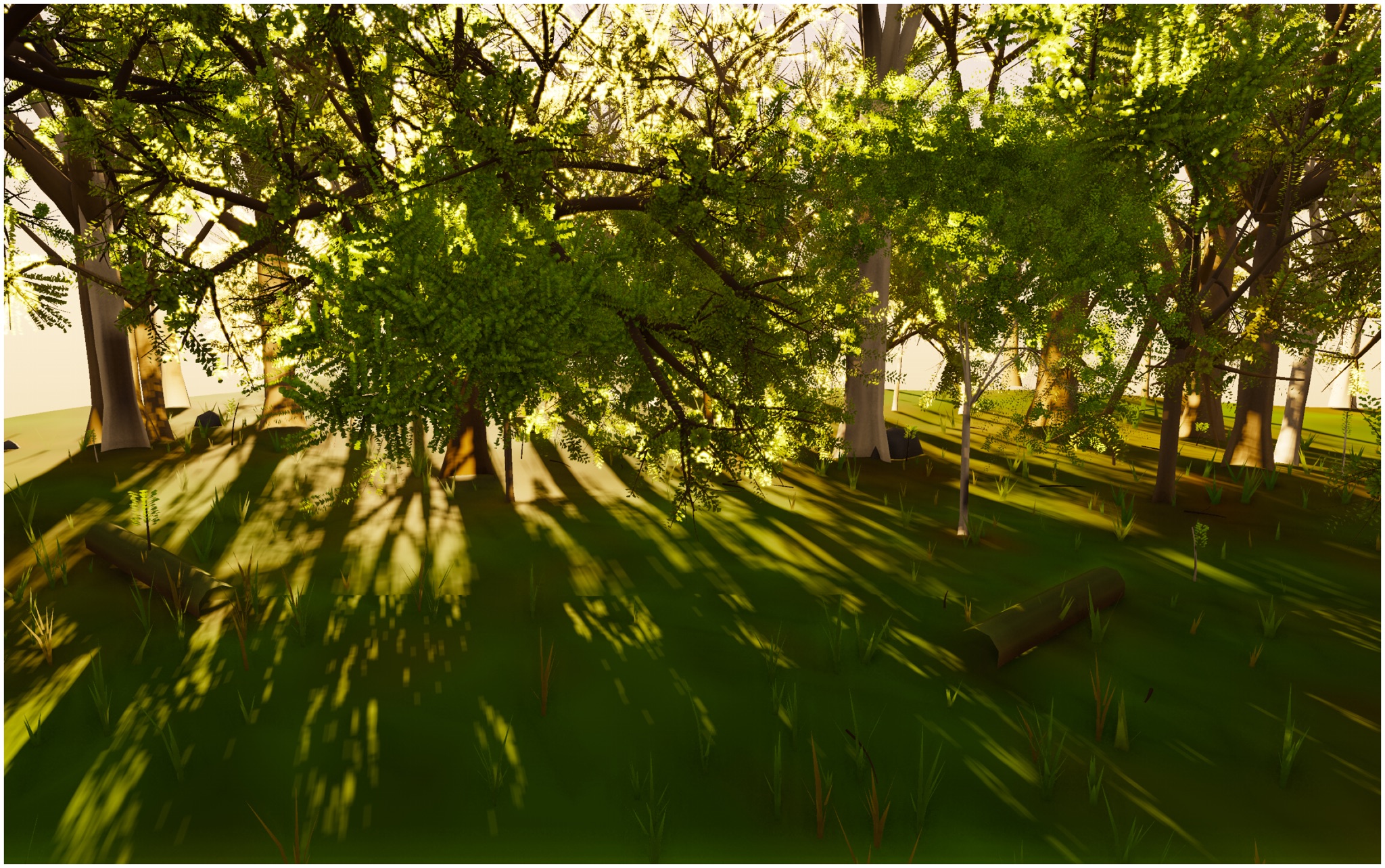 Visualizer · forest — polish: foreground weeds + aerial-perspective haze on far treeline + shadow-core lift
